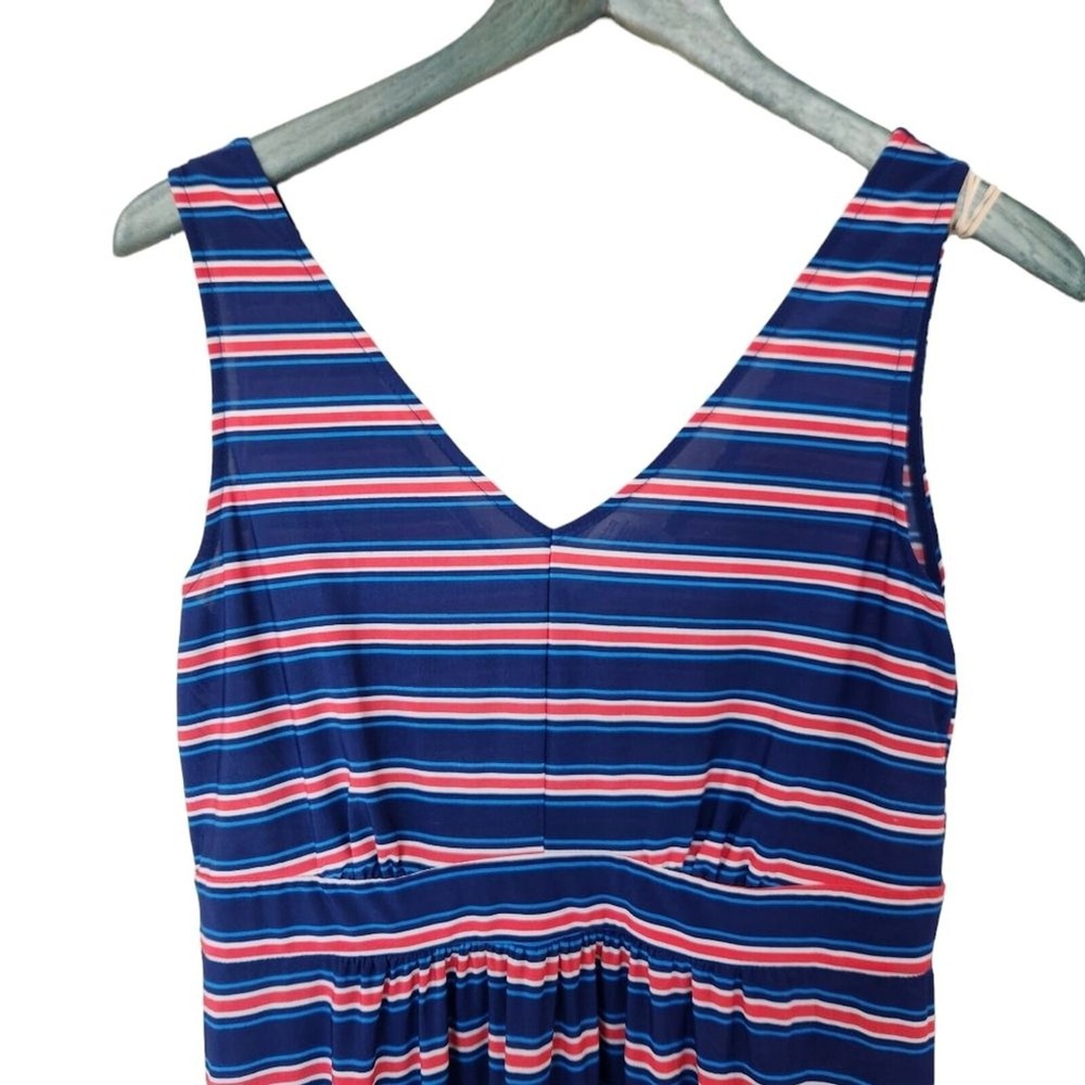 West Loop Womens Navy Blue Red White‎ Striped V-Neck Empire Waist Maxi Dress L